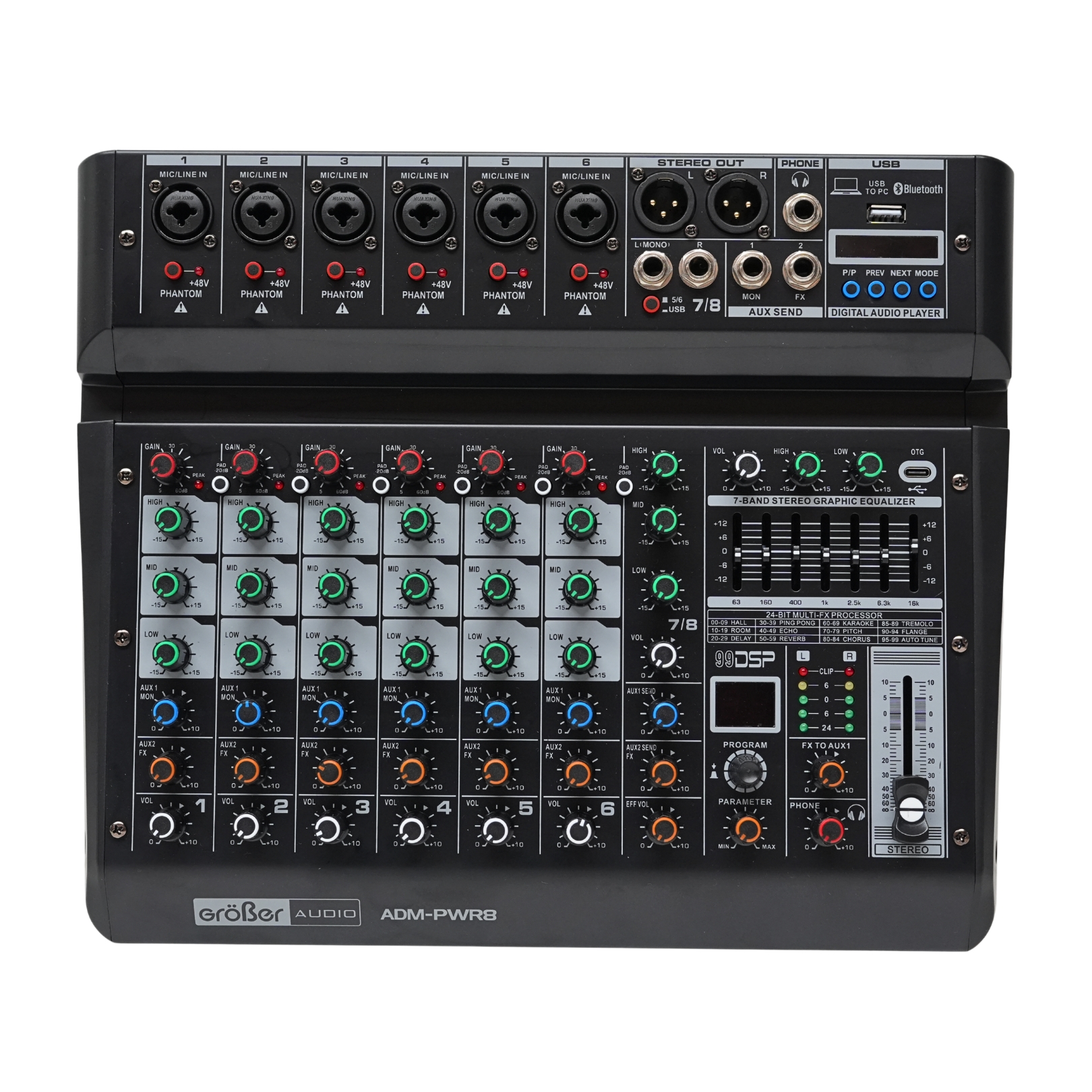 Consola Analoga Activa GROBER ADM-PWR8 | 8 Canales - Bluetooth-USB-Interfaz FX/ LINK 2X200W
